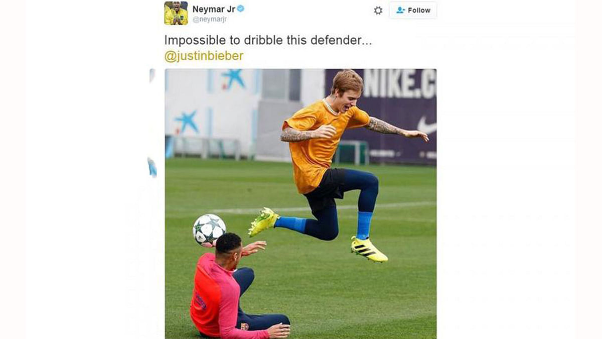 Screenshot of Neymar`s twitter account, where he praised the football talents of Bieber. Photo: Twitter