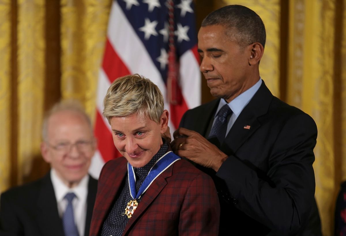 President Obama presents the Presidential Medal of Freedom to DeGeneres during ceremony at the White House in Washington. Photo: Reuters