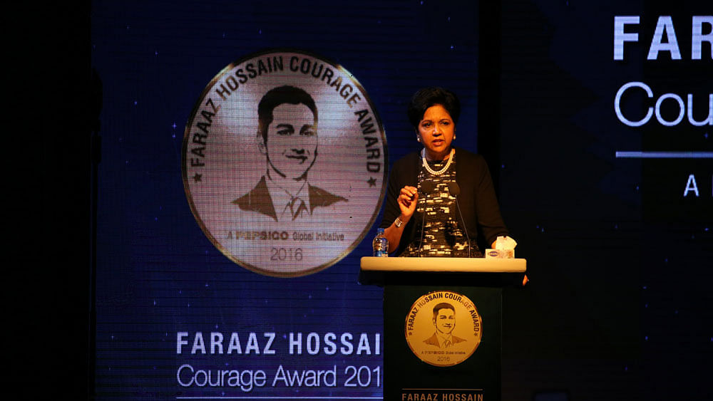 Chairman and CEO of Pepsico Global Indra K Nooyi speaks at the Faraaz Hossain Courage Award 2016 giving ceremony. Photo: Zahidul Karim