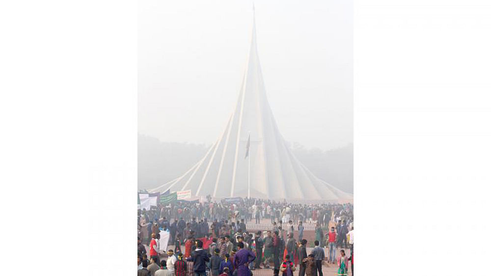 People throng the Jatiya Smriti Soudho (National Memorial) premises on Friday morning to celebrate the 46th Victory Day. Photo: Abdus Salam