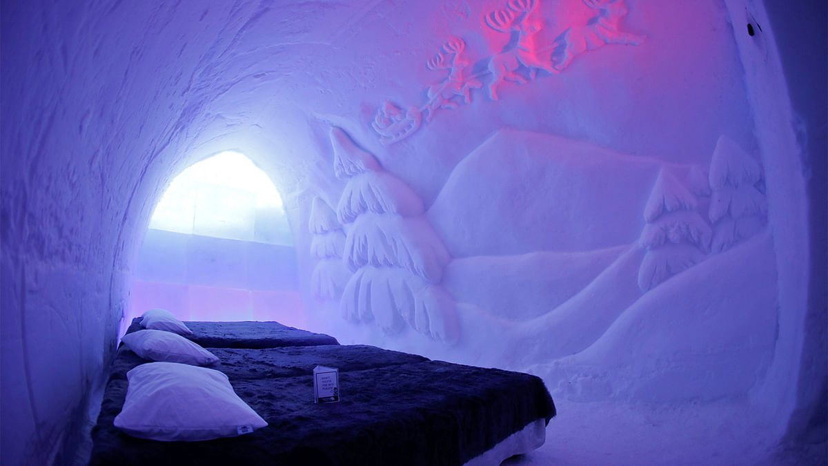 Decorations are carved into the walls of a hotel room at Snowman World in the Santa Claus Village in the Arctic Circle near Rovaniemi, Finland. Photo: Reuters