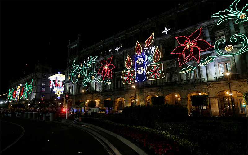 Buildings around Zocalo Square are decorated with lights as part of Christmas celebrations in Mexico City. Photo: Reuters