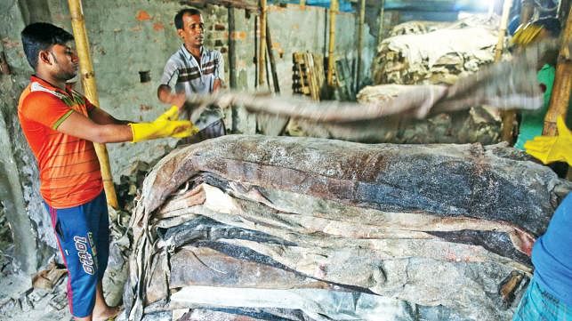 Workers still process raw hides in Hazaribagh tanneries. Photo: Hasan Raza