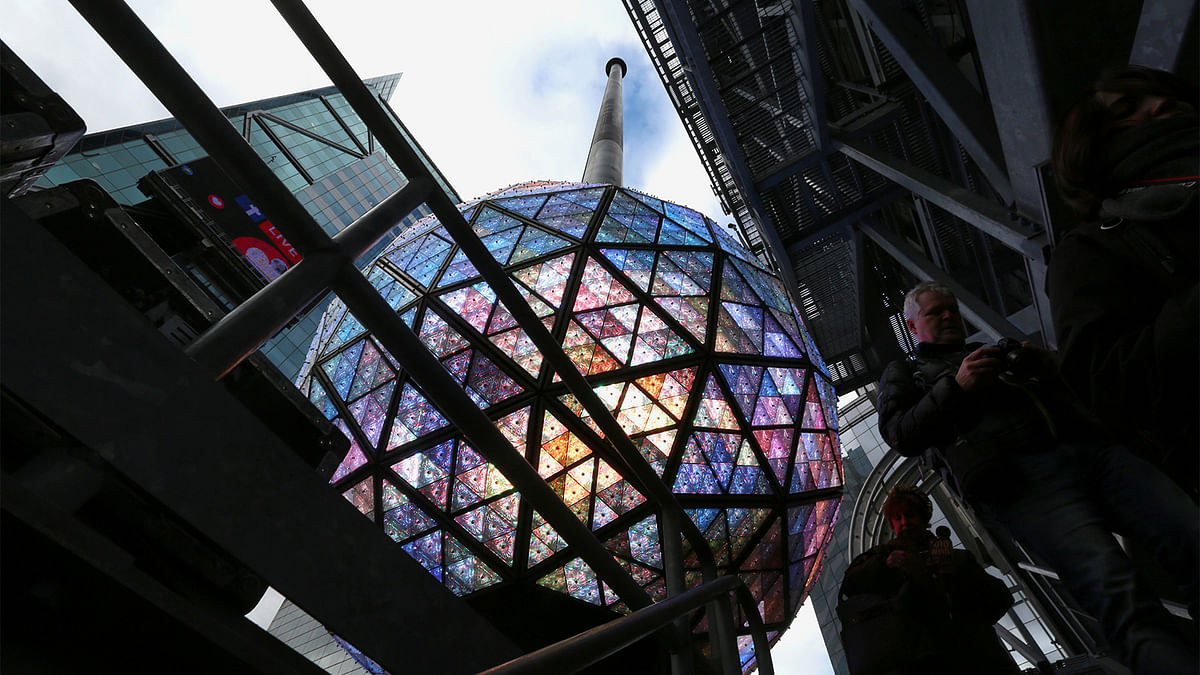 The New Year`s Eve Ball on top of One Times Square is tested in Manhattan, New York City, US. Photo: Reuters