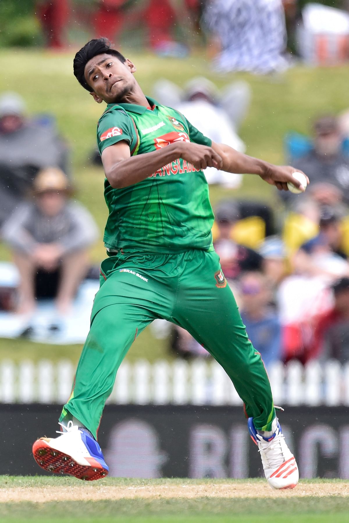 Bangladesh's Mustafizur Rahman bowls during the third one day international cricket match match between New Zealand and Bangladesh at Saxton Oval in Nelson on Saturday. AFP photo