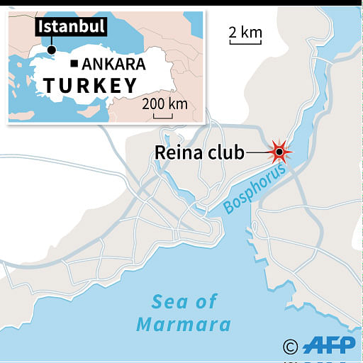 Map of Istanbul locating the attack late Saturday that killed dozens of people. AFP