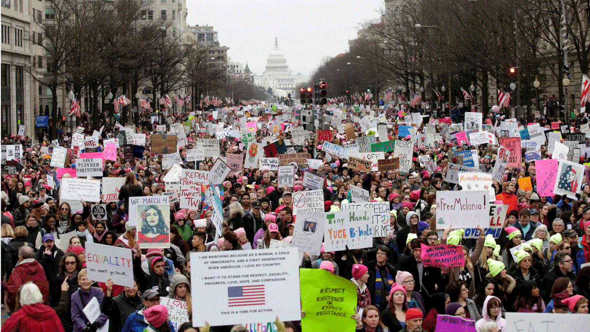 Demonstrators protest during the Women`s March along Pennsylvania Avenue January 21, 2017 in Washington, DC. Photo: AFP