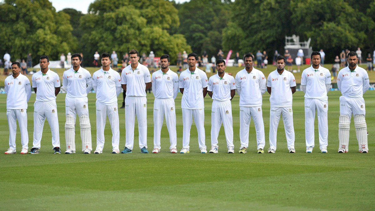 Bangladesh stand for their national anthem during day one of the second international Test cricket match between New Zealand and Bangladesh at Hagley Park Oval in Christchurch on January 20, 2017. AFP