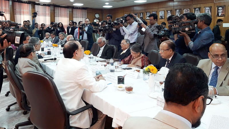 The 12 eminent citizens in a meeting with the search committee, appointed by the president for reconstituting the election commission, on the Supreme Court premises on Monday. Photo: Taib Ahmed