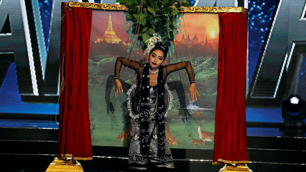 Miss Universe candidate from Myanmar Htet Htet Htun competes during a national costume preliminary competition in Pasay, Metro Manila. Reuters