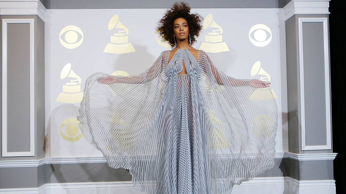 Solange poses after winning the award for Best R&B Performance for `Cranes in the Sky` at the 59th Annual Grammy Awards in Los Angeles. Reuters