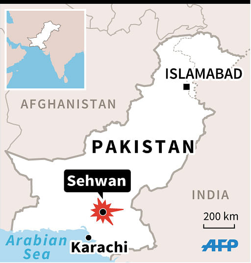 Locator map of Sehwan, where dozens of people were killed in a bombing at a Sufi shrine. AFP