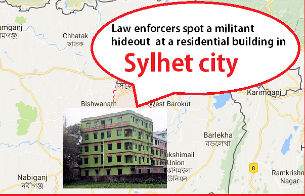Law enforcers conjecture that militants are staying on ground floor of this five-storey residential building in Shibbari area in Sylhet City. Photo: Prothom Alo