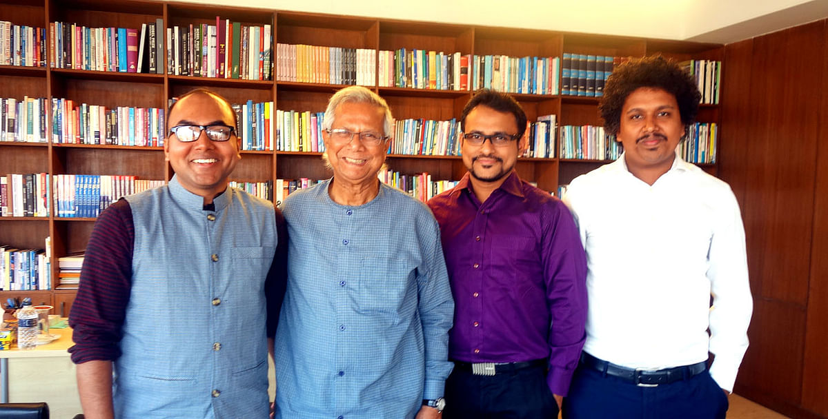 Bangladeshi recipients of Khazanah scholarship with Nobel laureate Muhammad Yunus at Yunus Centre on 17 April