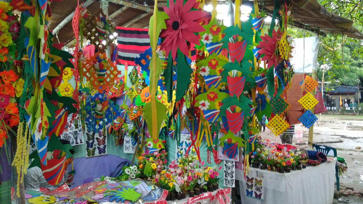 Handicrafts are exhibited at a shop during a fair, `Baishakhi Mela`, on Bangla Academy premises on Saturday. Photo: Toriqul Islam