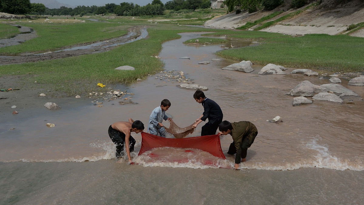 In this photograph taken on May 23, 2017, Afghan children use a cloth to catch fish in a stream on the outskirts of Jalalabad.  AFP