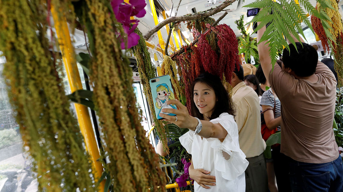 A passenger taking selfie inside a plant-filled bus, a special route that runs for 5 days, featuring the concept of integrating more green space into cities, in Taipei , Taiwan. Reuters