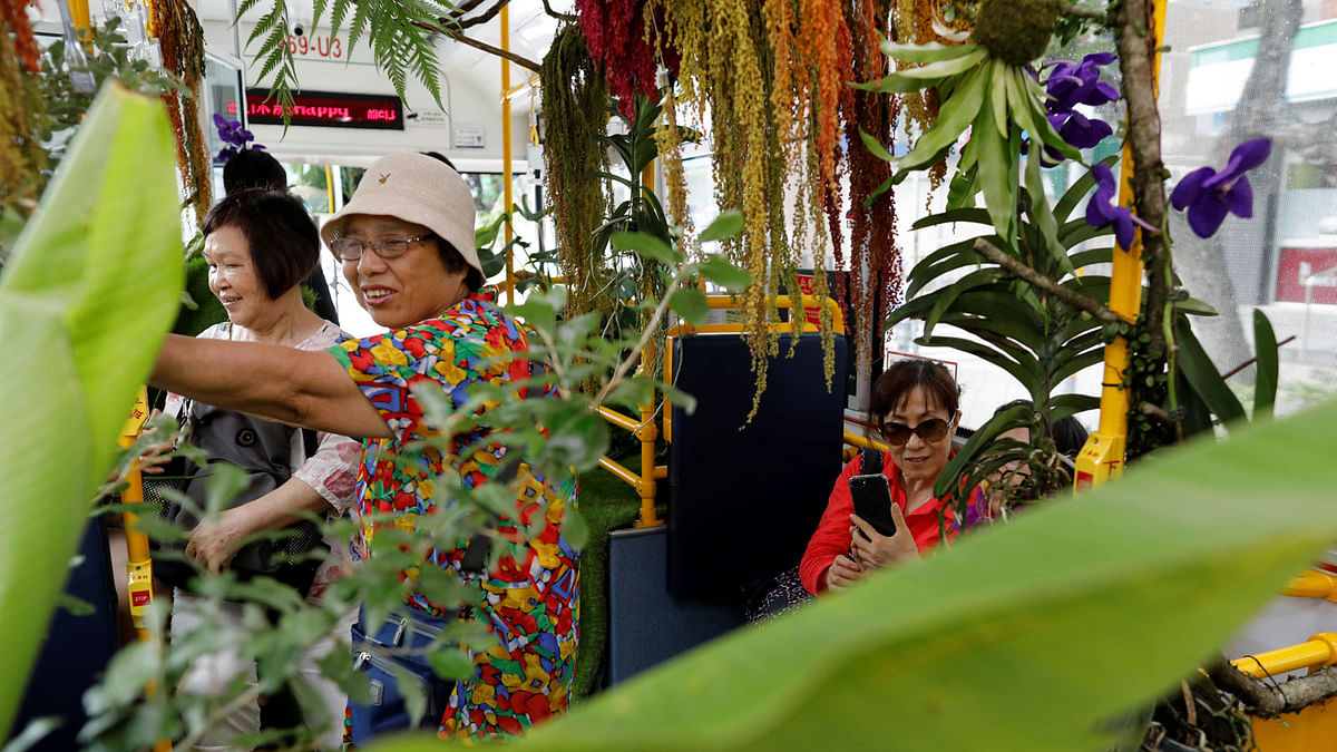 Passengers react inside a plant-filled bus, a special route that runs for 5 days, featuring the concept of integrating more green space into cities, in Taipei , Taiwan. Reuters