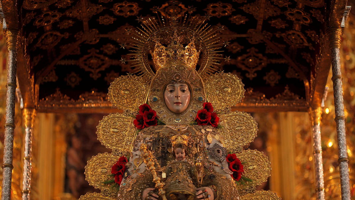 The Virgin of El Rocio is seen on an altar during a pilgrimage inside the shrine of El Rocio in Almonte, southern Spain June 2, 2017. Picture taken June 2, 2017. Reuters