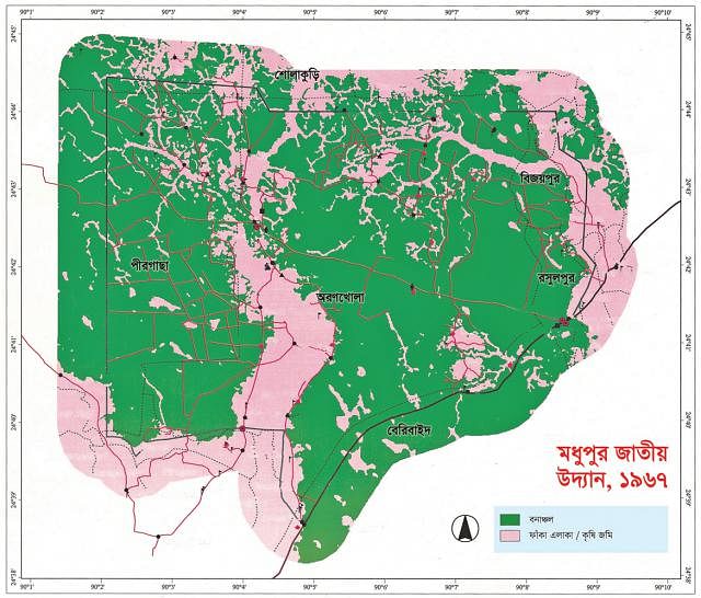 Satellite picture of Madhupur National Park, 1967. Photo credit: The Swiss Seismological Service (SED)