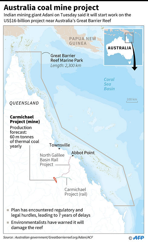 Map locating the planned coal mine project by India’s Adani near Australia’s Great Barrier Reef. AFP