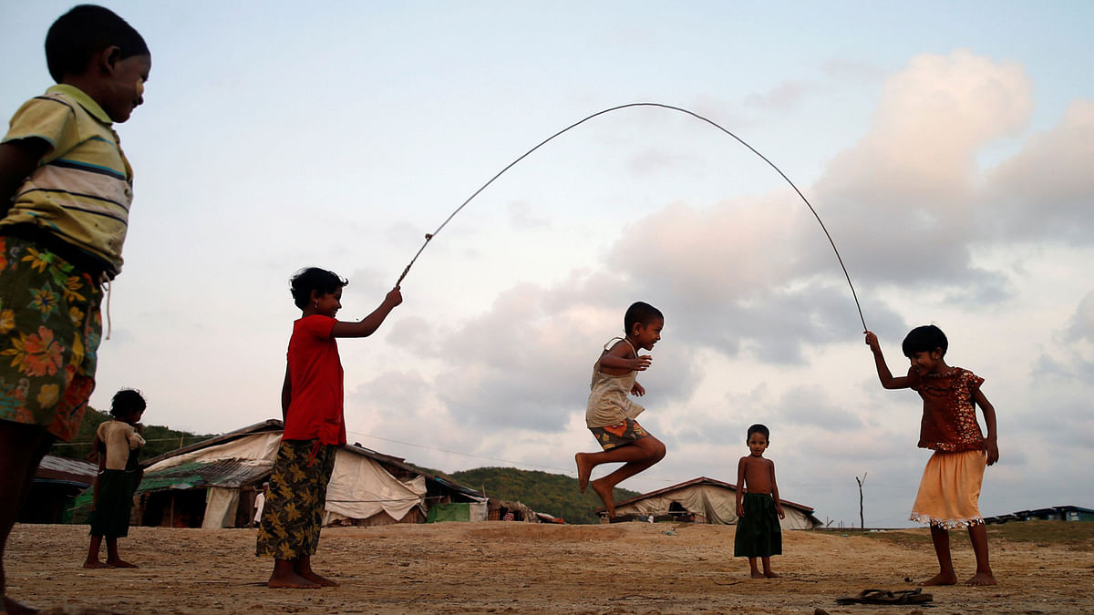 Boys play inside a Rohingya refugee camp outside Kyaukpyu in Rakhine state, Myanmar May 17, 2017. Reuters