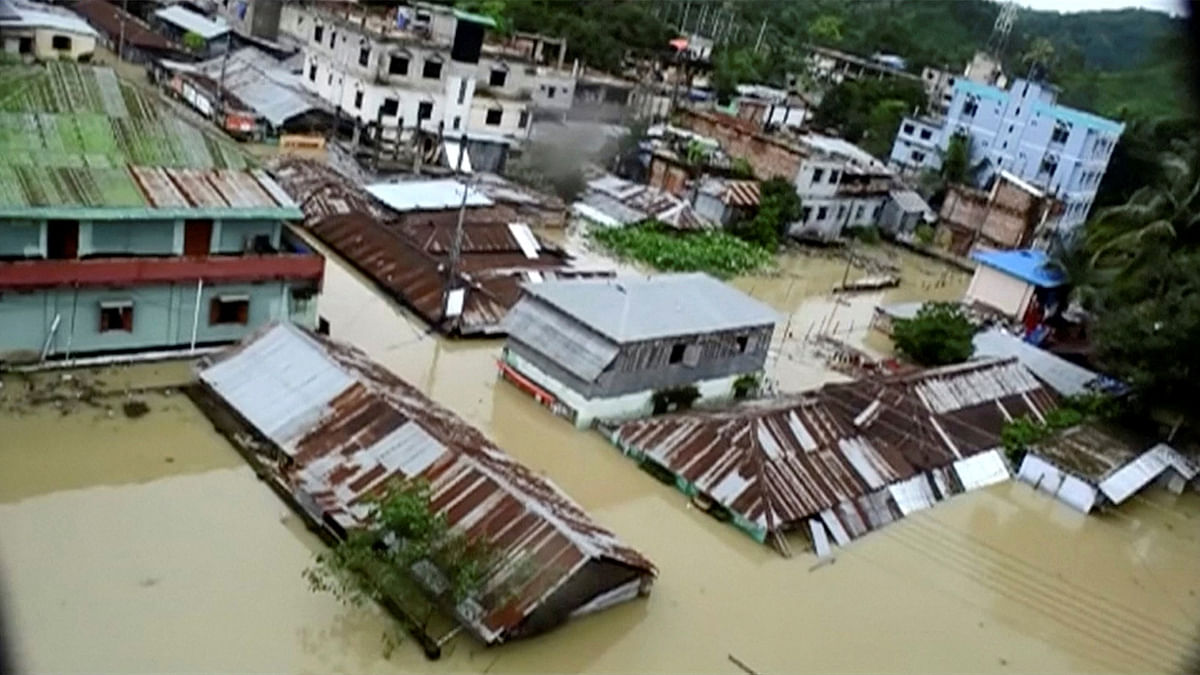 An aerial view showing the town half-submerged in floodwaters following landslides triggered by heavy rain in Khagrachari, Bangladesh, in this still frame taken from video June 13, 2017. Photo: Reuters