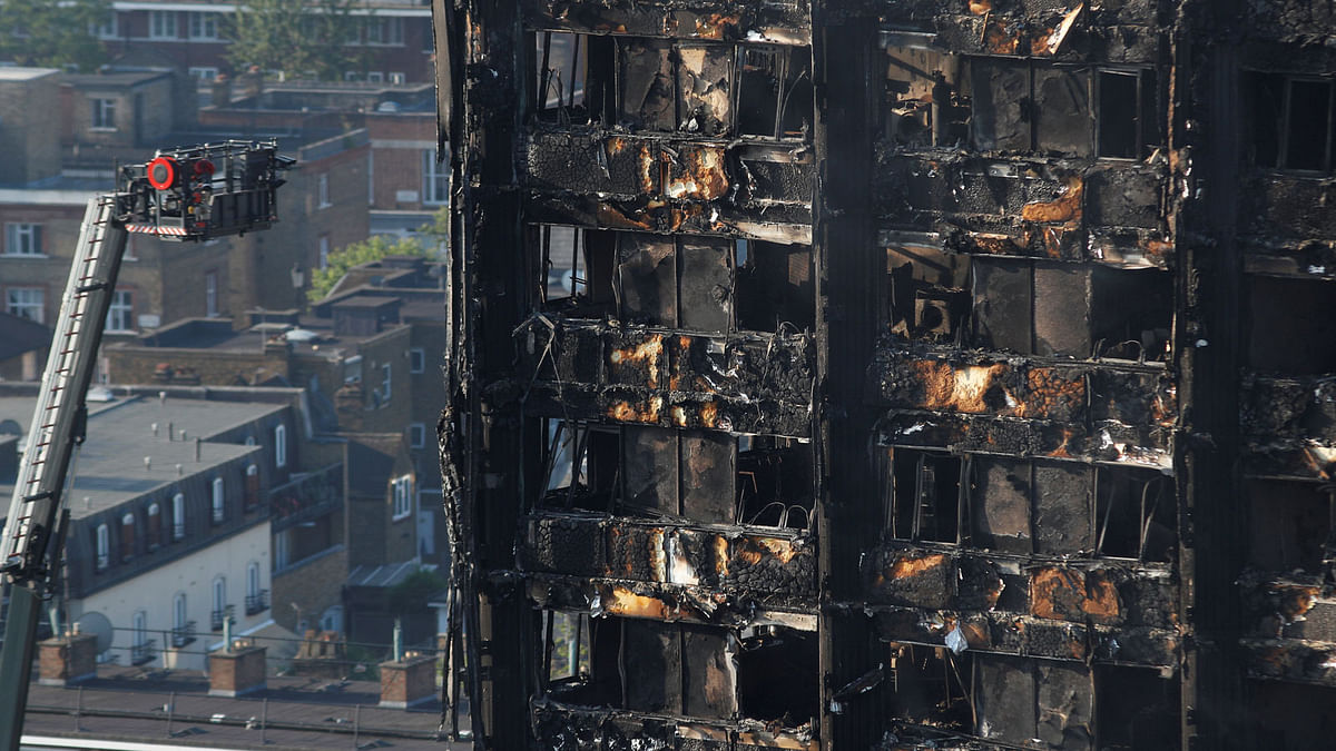Damage is seen to a tower block which was destroyed in a fire disaster, in north Kensington, West London, Britain June 15, 2017. Reuters