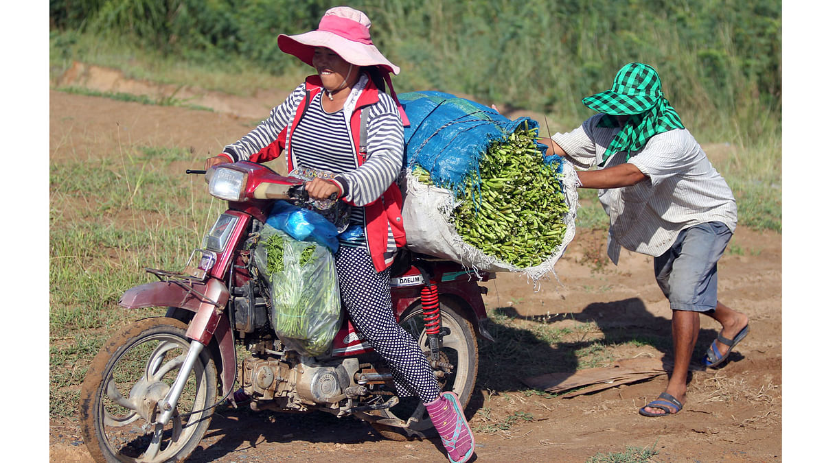 A woman rides a motorcycle after she collected vegetables for sale at a lake, on the outskirts of Phnom Penh. Reuters