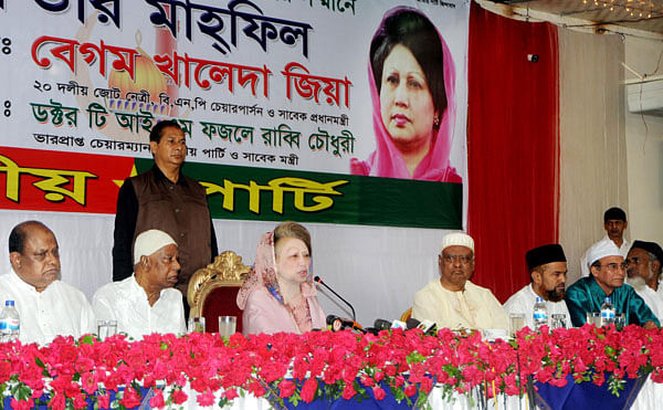 BNP chairperson and former prime minister Khaleda Zia speaks at an iftar programme at Emmanuel`s Convention Centre in Gulshan of the capital on Sunday. Photo: BNP
