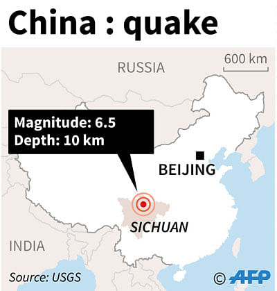 Map shows the site of a 6.5 magnitude earthquake that hit China late on Tuesday. AFP