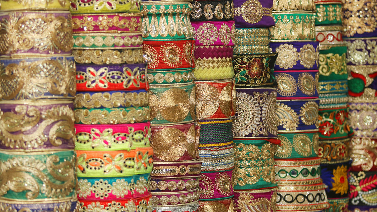 An array of colourful lace and trimmings in Dhaka city’s New Market as photographed by Abdus Salam recently.