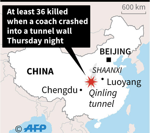 Map showing Shaanxi province in China where a bus crashed Thursday night leaving at least 36 people killed. AFP