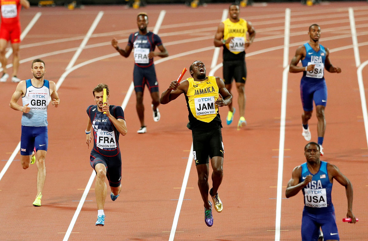 Usain Bolt of Jamaica appears injured during the final of World Athletics Championships - Men’s 400 Metres Relay Final at London Stadium, London. Photo: Reuters