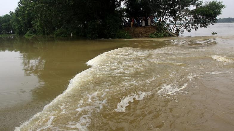 A large swathe of cropland gone under water as the embankment of Shib river damaged in Mohanpur upazila, Rajshahi. Floodwaters entering the locality through the damaged area. Photo: Shahidul Islam