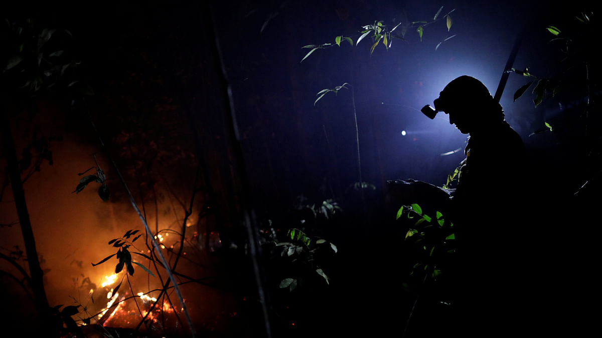 A volunteer works to put out a forest fire in the northern area of Brasilia`s National Park, in Brasilia. Reuters