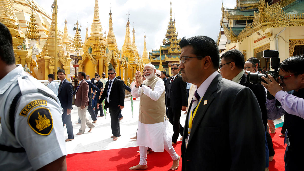 India`s prime minister Narendra Modi visits Shwedagon Pagoda in Yangon, Myanmar on 7 September 2017. Photo: Reuters