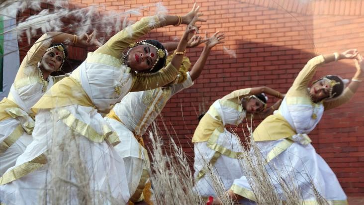 Dance artistes perform at a programme held to mark the 17th anniversary of Shruti Sylhet at the Sylhet Central Shahid Minar on Friday. Photo: Anis Mahmud