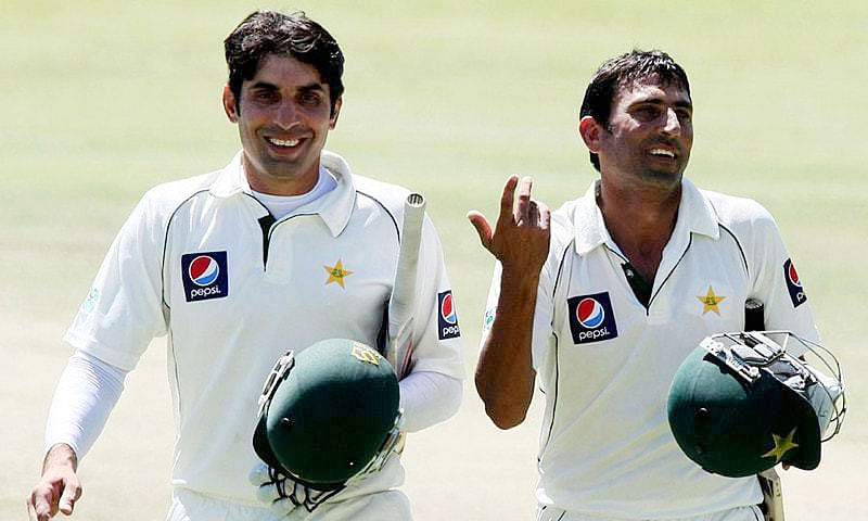 Pakistan retired batting greats Younis Khan and Misbah-ul-Haq (R). AFP file photo