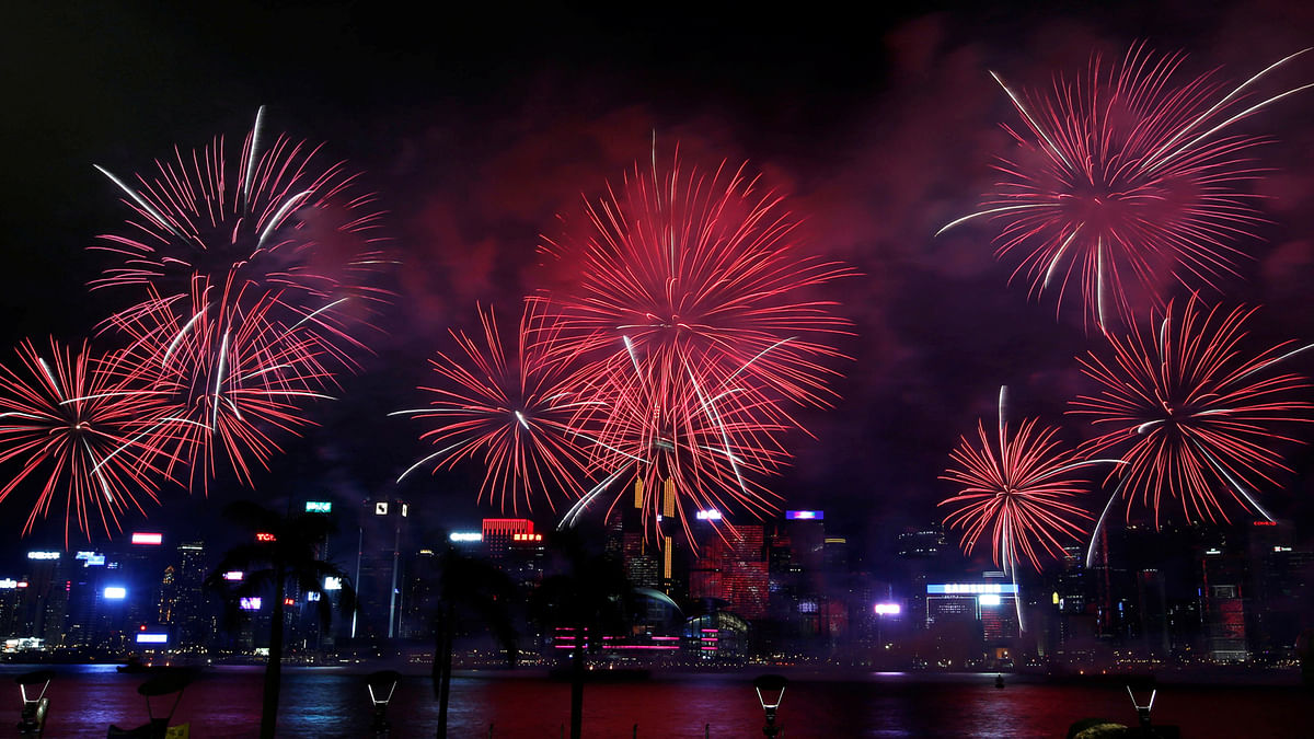 Fireworks explode over Victoria Harbour to celebrate the Chinese National Day in Hong Kong, China 1 October 2017. Photo:  Reuters