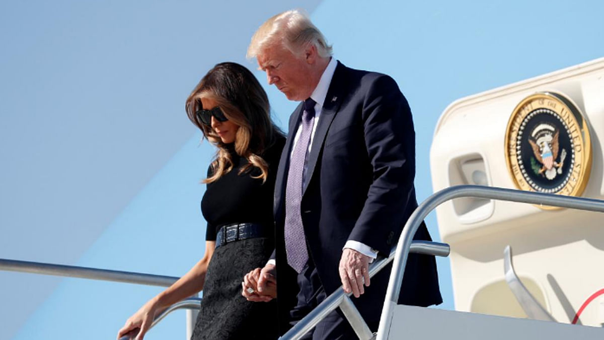 US president Donald Trump and first lady Melania Trump step from Air Force One as they arrive in Las Vegas, Nevada, US pm 4 October 2017. -- Reuters