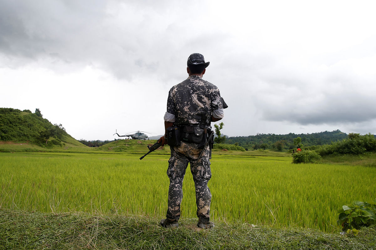 A Myanmar soldier stands near Maungdaw, north of Rakhine state, Myanmar on 27 September, 2017. Photo: Reuters