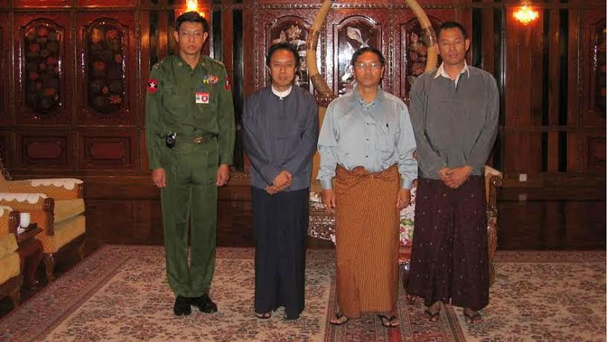 Dr Maung Zarni is seen (extreme right) with officials at the Dagon hall at Ministry of Defense at Yangon. The present Burmese Joints Chief of Staff General Mya Tun Oo (in uniform on the left) and Vice President Lt-General (retd) Myint Swe (in plainclothes on his right). The photo was taken in 2005.