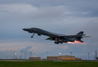 In this US Air Force image obtained from the US Defense Department, a US Air Force B-1B Lancers takes off from Andersen Air Force Base, Guam, to fly sequenced bilateral missions with two Japan Air Self-Defense Force (JASDF) F-15s and two Republic of Korea air force (ROKAF) F-15Ks in the vicinity of the Sea of Japan on 10 October 2017. The US flies two supersonic heavy bombers over the Korean peninsula in a fresh show of force against North Koreas nuclear and missile threats. Photo: AFP