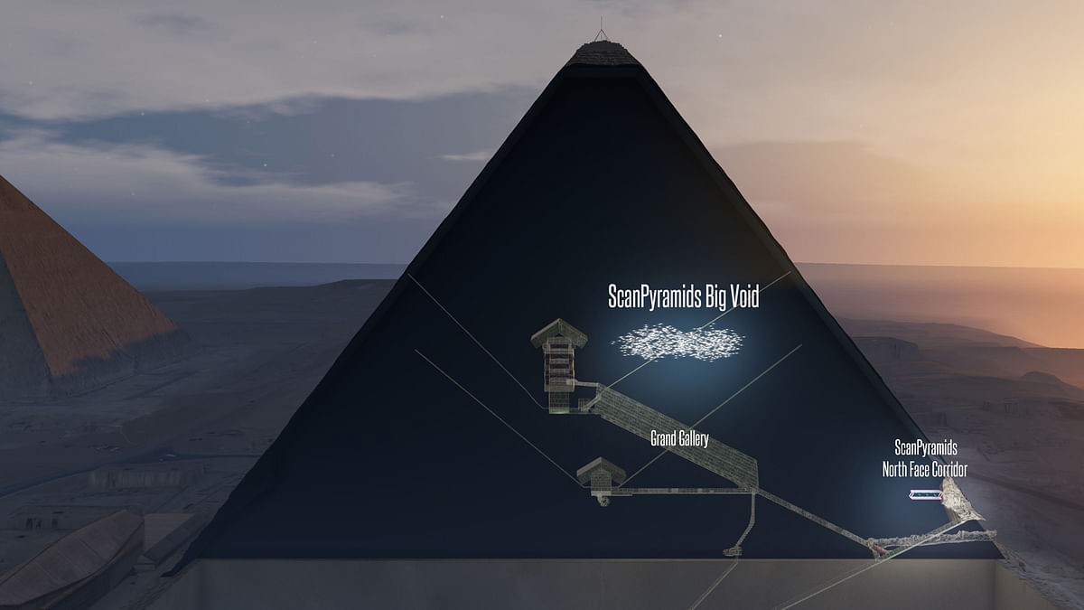 This handout 3D artistic view made by the ScanPyramids mission and released on 2 November, 2017 by the Nature Publishing Group shows a hidden internal structure in Khufu’s Pyramid, the largest pyramid in Giza. AFP