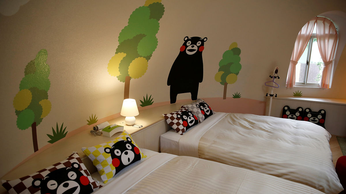 Interior of a quake-resistant dome house decorated with Japan`s popular `Kumamon` bear character is pictured at the Aso Farm Land resort in Aso, Kumamoto Prefecture, Japan September 15, 2017. Picture taken on September 15, 2017. Reuters
