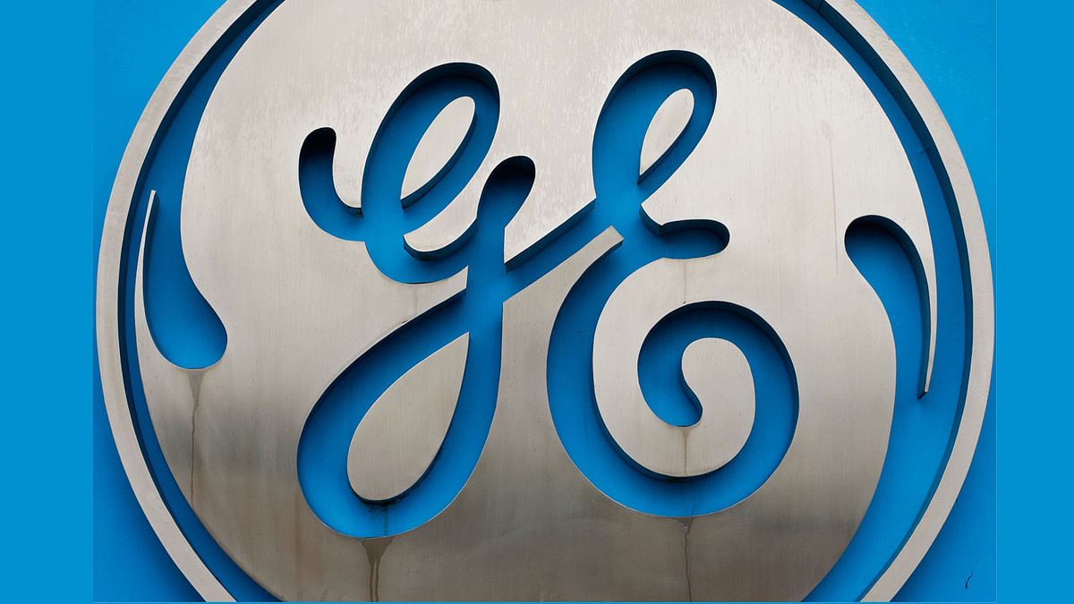 The logo at the entrance of General Electric (GE) Celma, GE’s aviation engine overhaul facility in Petropolis, Rio de Janeiro, Brazil. AFP file photo