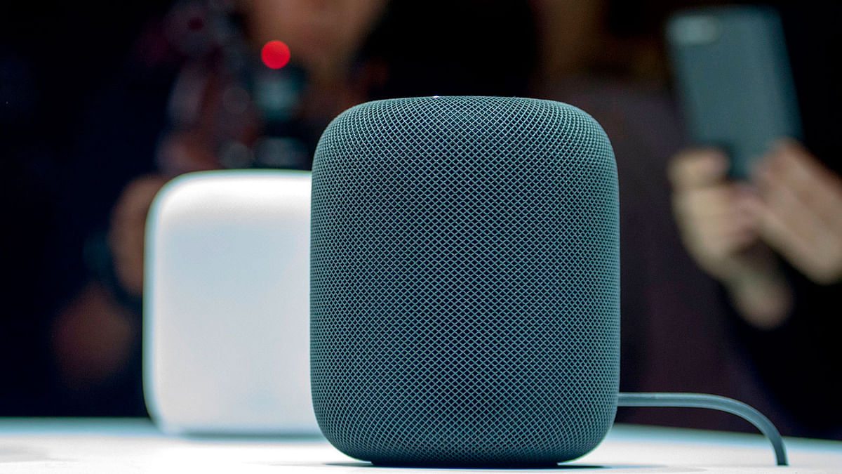 This file photo taken on 5 June, 2017 shows the New Apple HomePod smart speaker on display during Apple`s Worldwide Developers Conference in San Jose, California. Photo: AFP