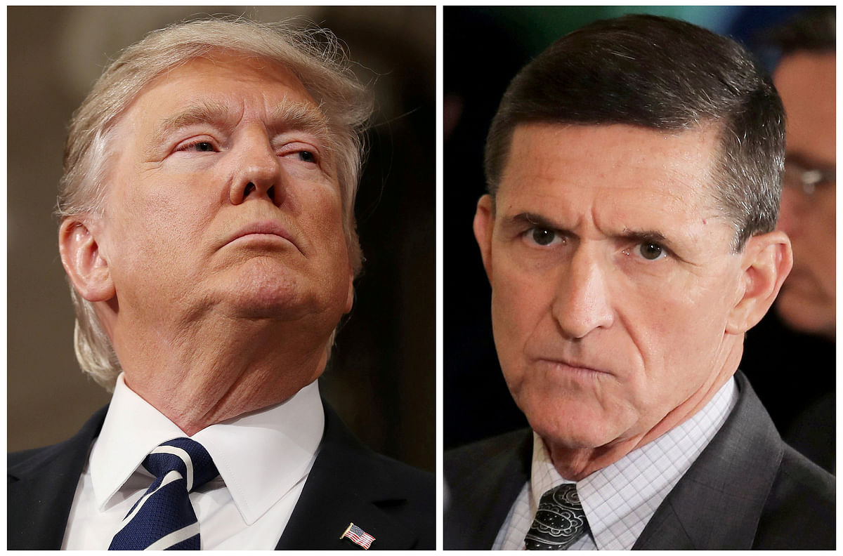 A combination photo shows US president Donald Trump (L), on 28 February, 2017, White House National Security Advisor Michael Flynn (C), 13 February, 2017. Photo: Reuters