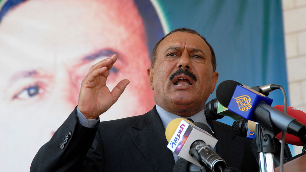 Yemen`s former president Ali Abdullah Saleh addressing a ceremony to commemorate the 40th anniversary of the British forces withdrawal from Aden. AFP file photo taken on 29 November 2007.